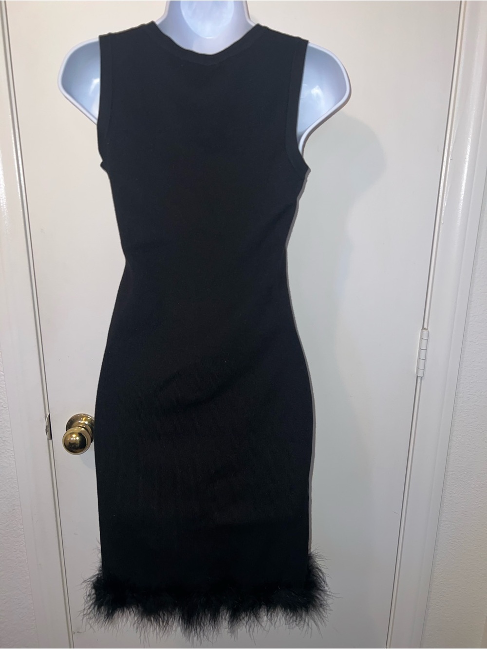 Miu Miu Black Knit Tank Dress with White Logo and Feather Trim - Picture 3 of 4